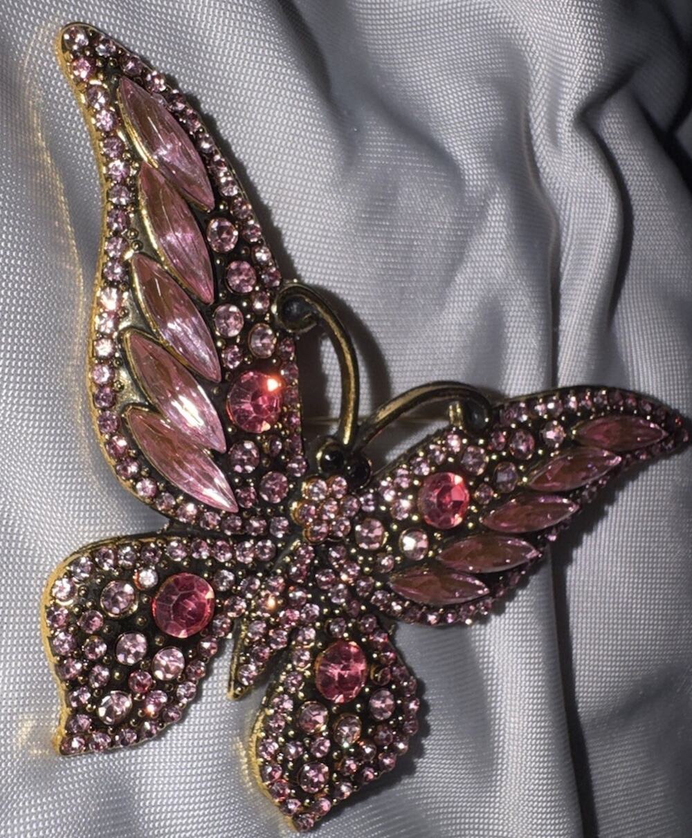 Large Pink Butterfly Brooch Rhinestone Gold Tone Statement Jewelry Pin NEW